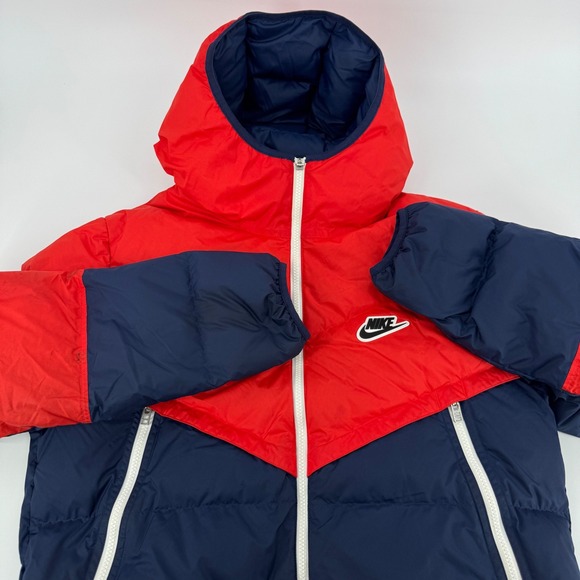 Nike Down Fill Puffer Jacket Bubble Coat Red Blue Hooded Full Zip Men's Medium - Picture 3 of 14